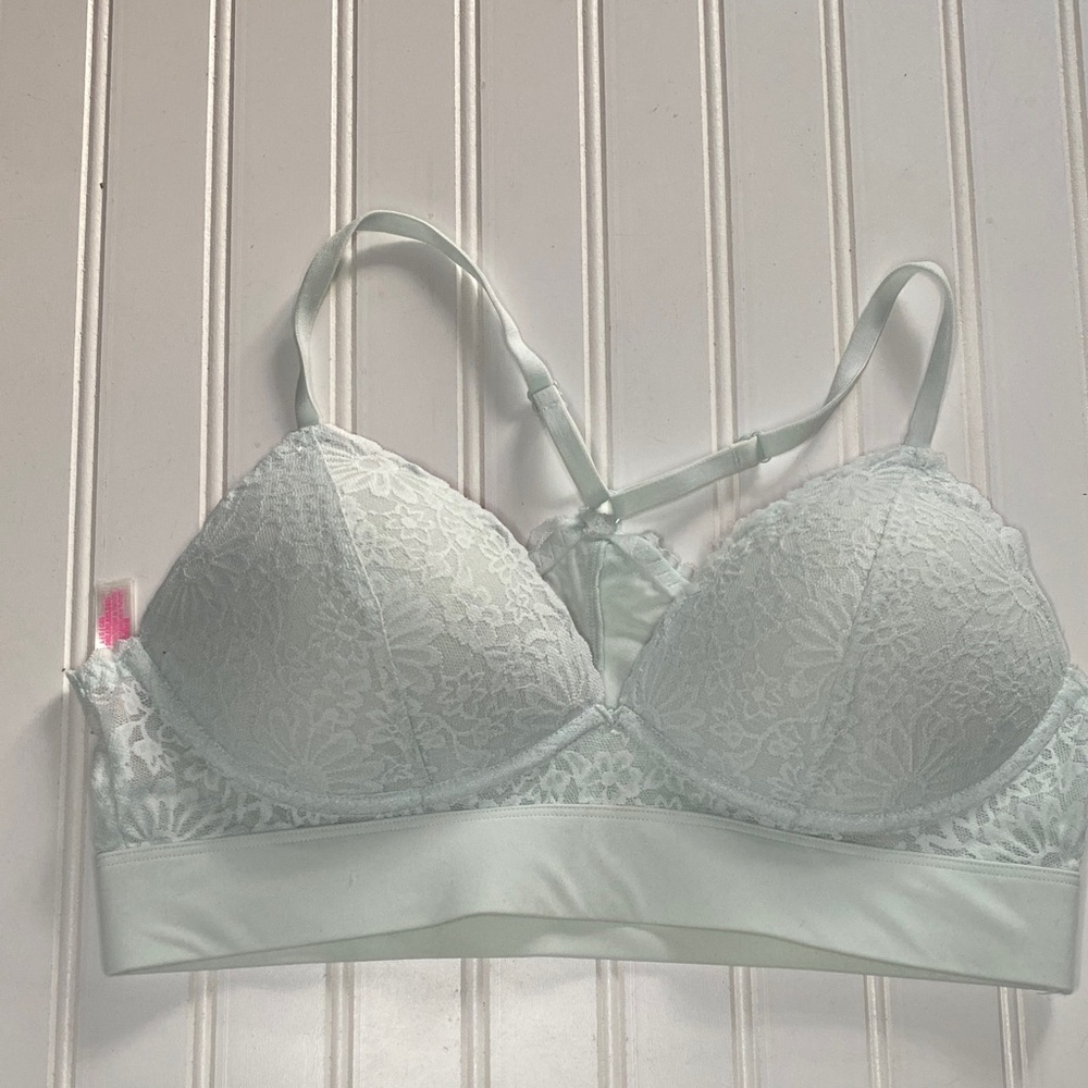 PINK lightly lined Lace Bralette in Soft blue Green size large